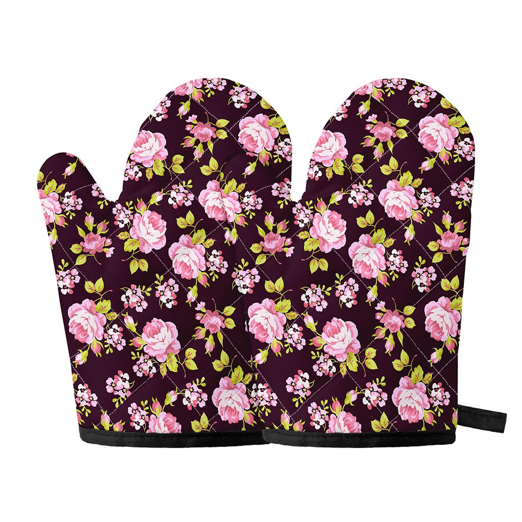 Vintage Pink Rose Floral Pattern Print Oven Mitts