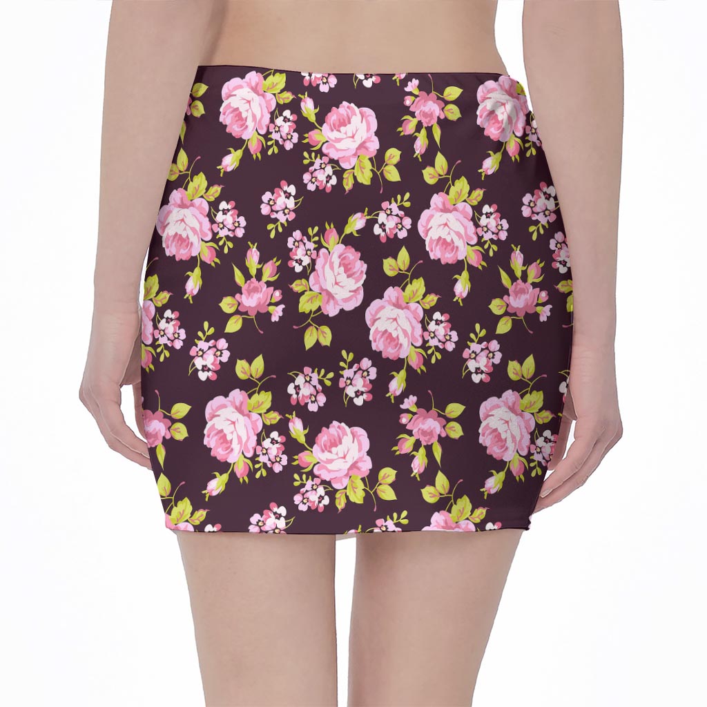 Vintage Pink Rose Floral Pattern Print Pencil Mini Skirt