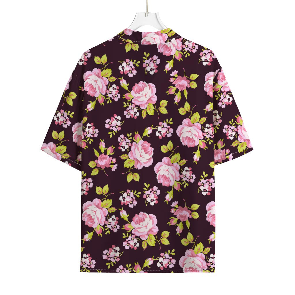 Vintage Pink Rose Floral Pattern Print Rayon Hawaiian Shirt