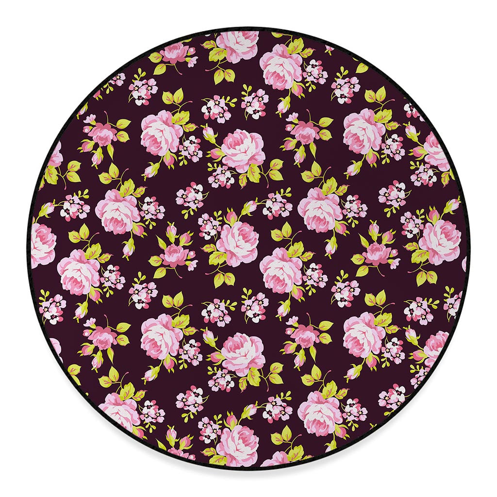 Vintage Pink Rose Floral Pattern Print Round Floor Mat