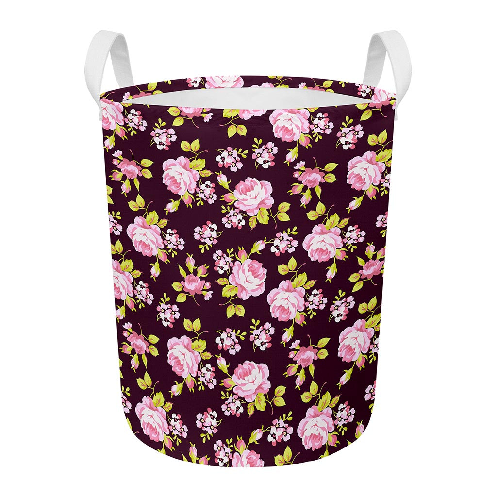 Vintage Pink Rose Floral Pattern Print Round Laundry Basket