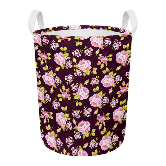 Vintage Pink Rose Floral Pattern Print Round Laundry Basket