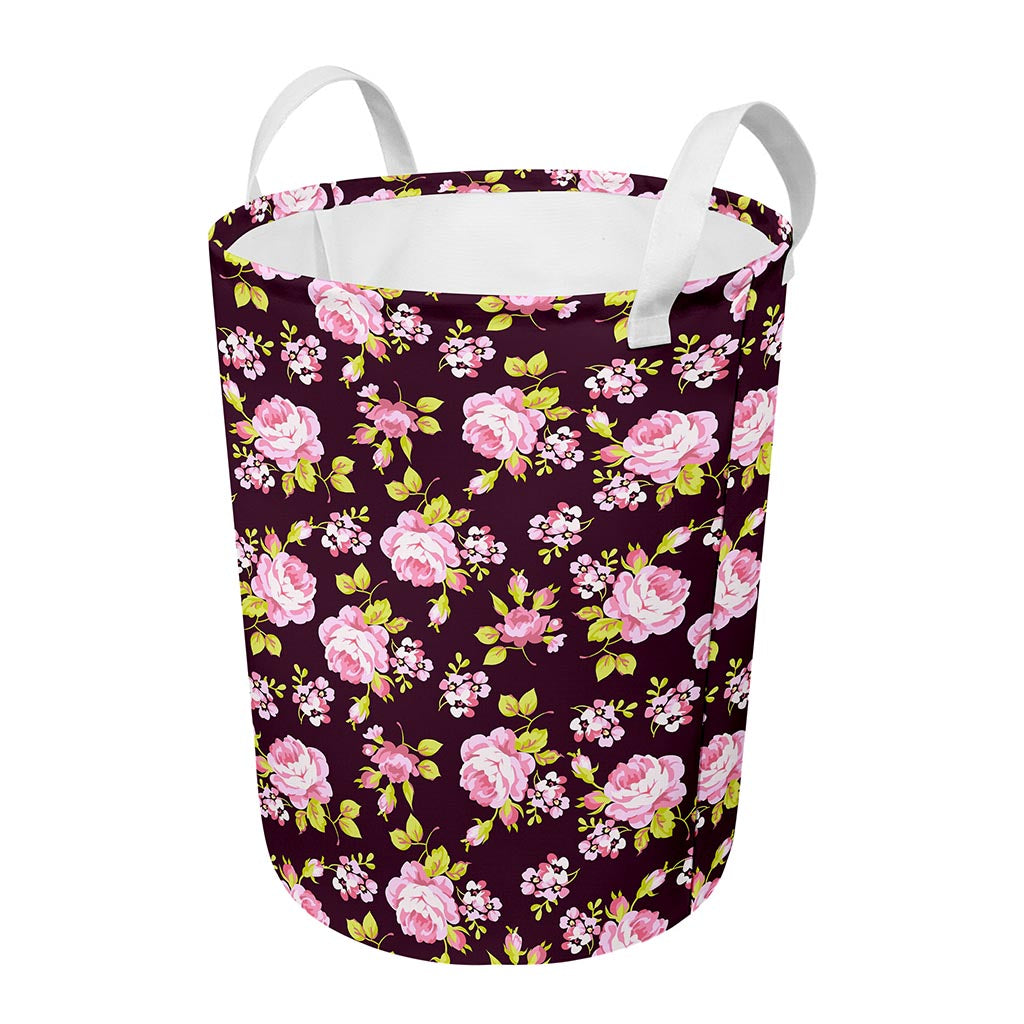 Vintage Pink Rose Floral Pattern Print Round Laundry Basket
