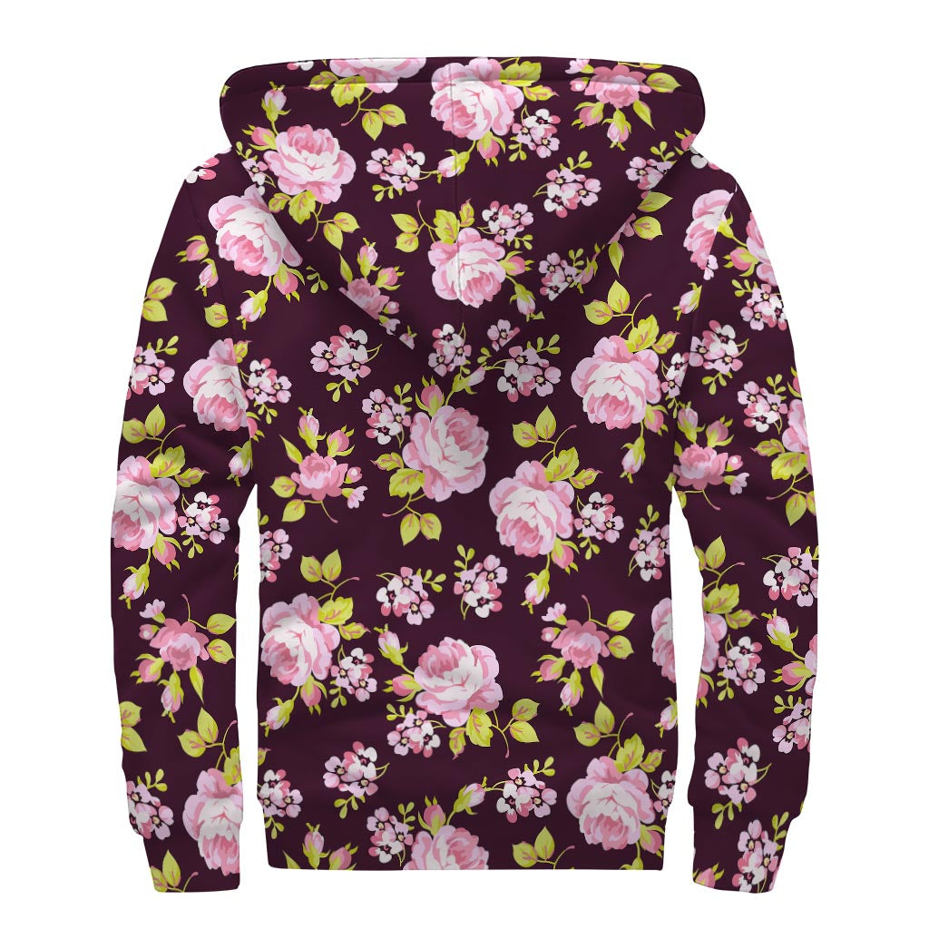 Vintage Pink Rose Floral Pattern Print Sherpa Lined Zip Up Hoodie