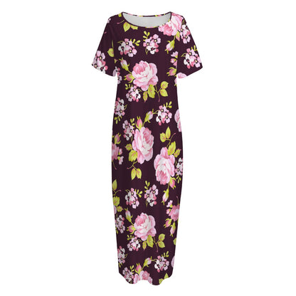 Vintage Pink Rose Floral Pattern Print Short Sleeve Long Nightdress