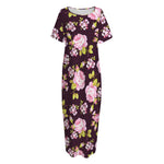 Vintage Pink Rose Floral Pattern Print Short Sleeve Long Nightdress