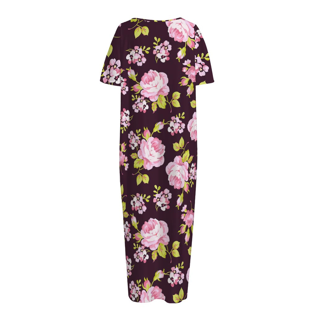 Vintage Pink Rose Floral Pattern Print Short Sleeve Long Nightdress
