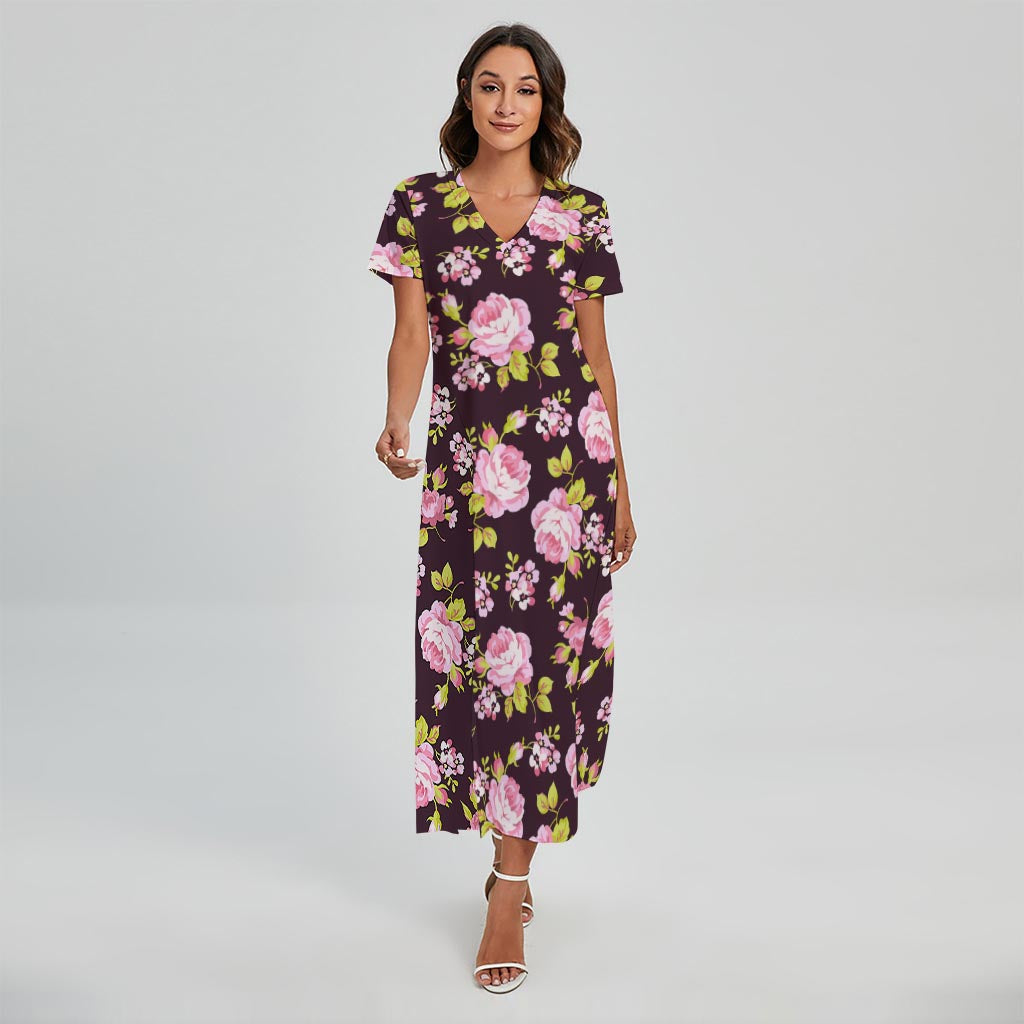 Vintage Pink Rose Floral Pattern Print Short Sleeve Maxi Dress