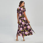 Vintage Pink Rose Floral Pattern Print Short Sleeve Maxi Dress