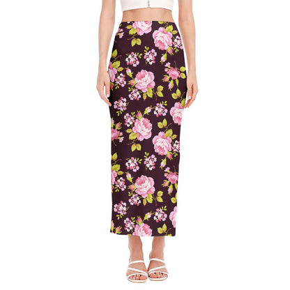 Vintage Pink Rose Floral Pattern Print Side Slit Maxi Skirt