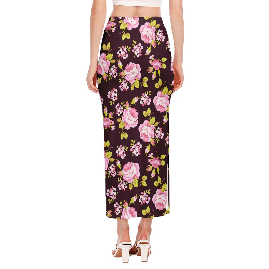 Vintage Pink Rose Floral Pattern Print Side Slit Maxi Skirt