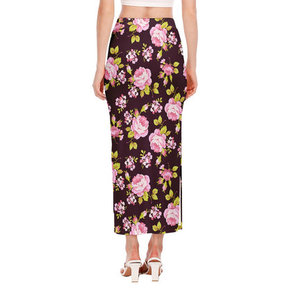 Vintage Pink Rose Floral Pattern Print Side Slit Maxi Skirt