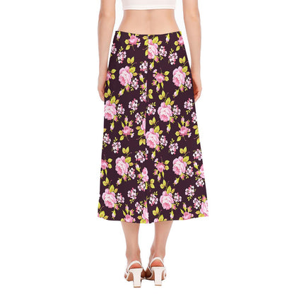 Vintage Pink Rose Floral Pattern Print Side Slit Midi Skirt