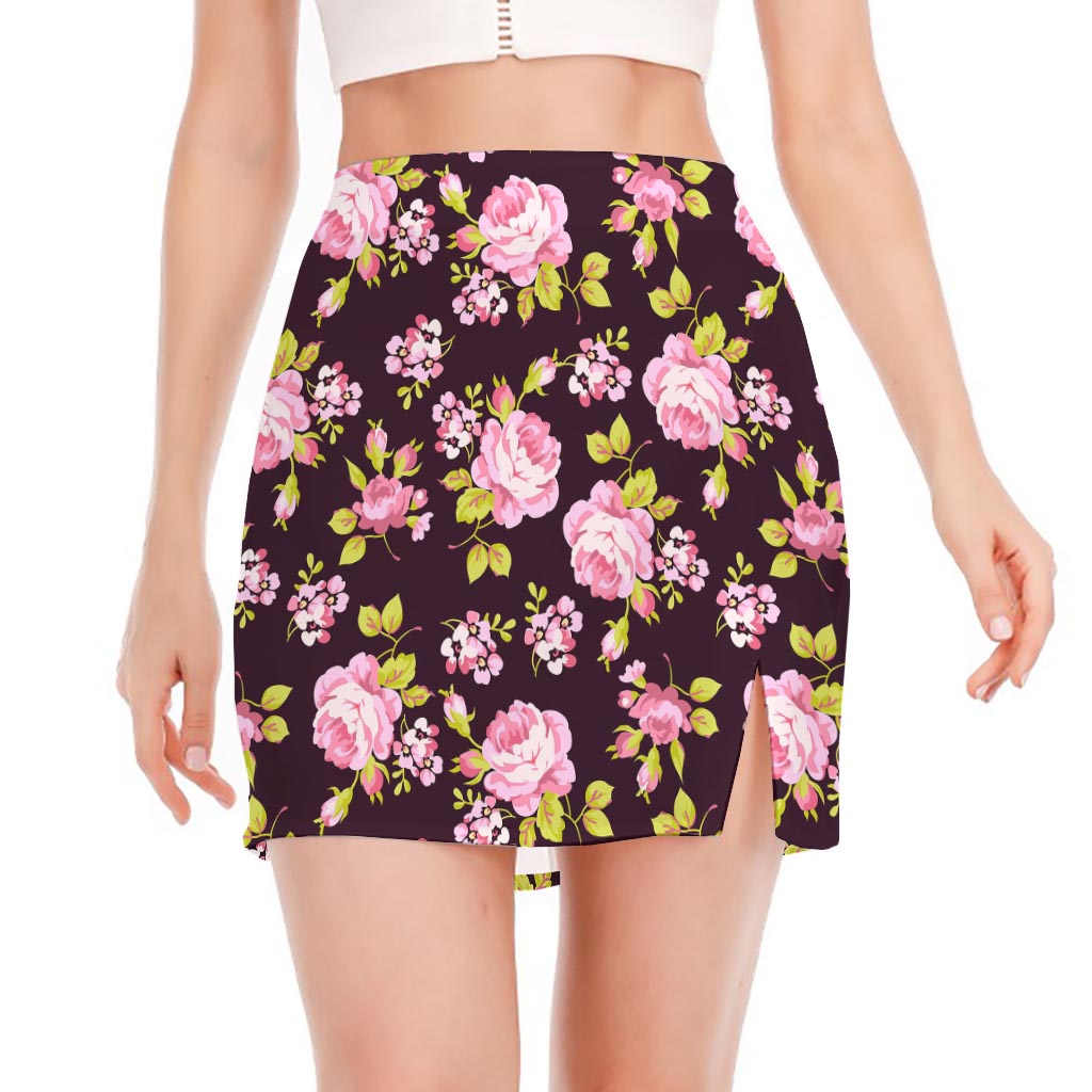 Vintage Pink Rose Floral Pattern Print Side Slit Mini Skirt