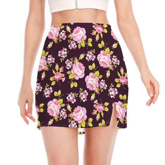 Vintage Pink Rose Floral Pattern Print Side Slit Mini Skirt