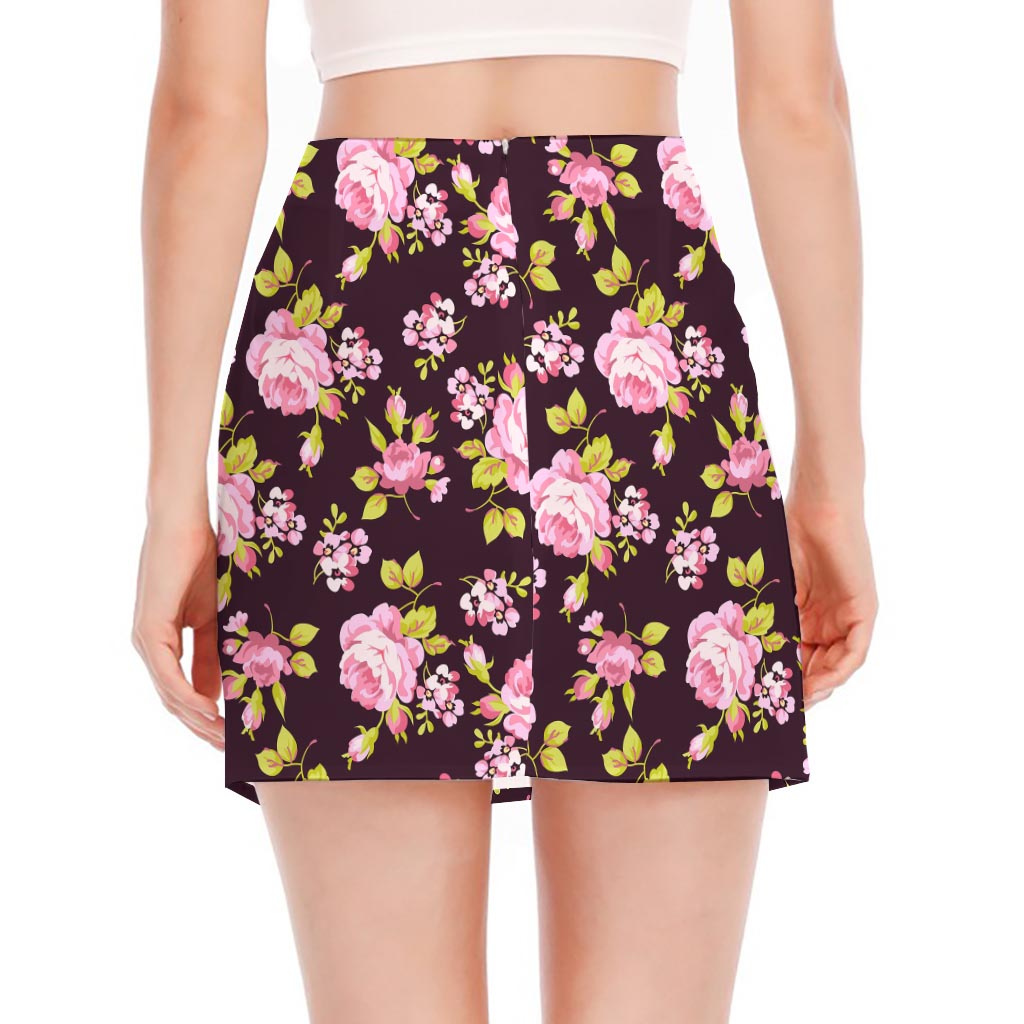 Vintage Pink Rose Floral Pattern Print Side Slit Mini Skirt