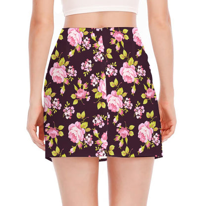 Vintage Pink Rose Floral Pattern Print Side Slit Mini Skirt