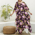 Vintage Pink Rose Floral Pattern Print Silk V-Neck Kaftan Dress