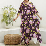 Vintage Pink Rose Floral Pattern Print Silk V-Neck Kaftan Dress