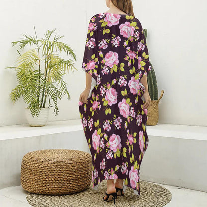 Vintage Pink Rose Floral Pattern Print Silk V-Neck Kaftan Dress