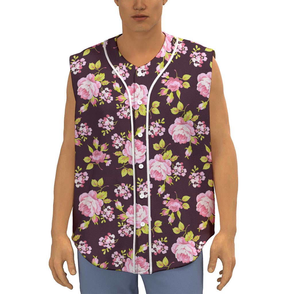Vintage Pink Rose Floral Pattern Print Sleeveless Baseball Jersey