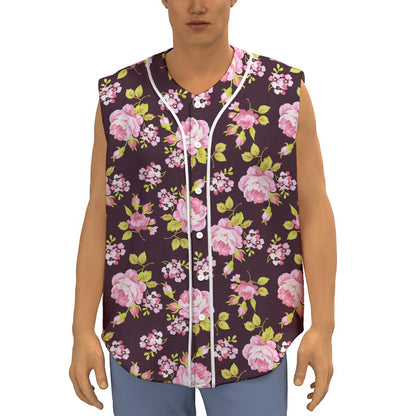 Vintage Pink Rose Floral Pattern Print Sleeveless Baseball Jersey
