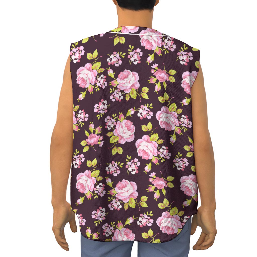 Vintage Pink Rose Floral Pattern Print Sleeveless Baseball Jersey