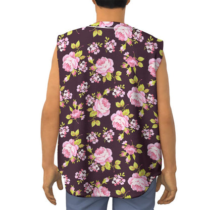 Vintage Pink Rose Floral Pattern Print Sleeveless Baseball Jersey
