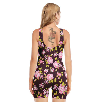 Vintage Pink Rose Floral Pattern Print Sleeveless One Piece Swimsuit