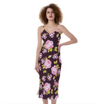 Vintage Pink Rose Floral Pattern Print Slim Fit Midi Cami Dress