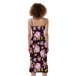 Vintage Pink Rose Floral Pattern Print Slim Fit Midi Cami Dress