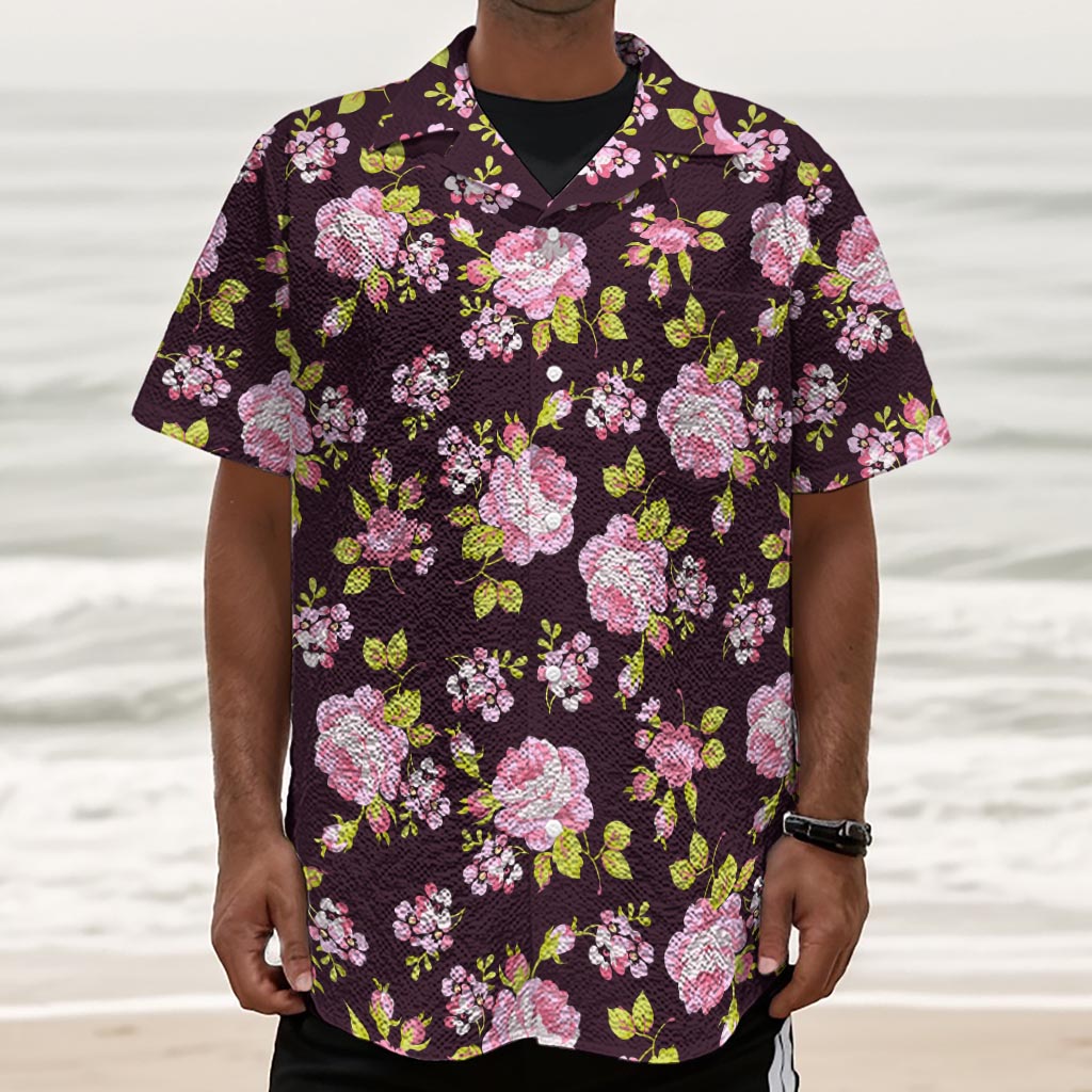 Vintage Pink Rose Floral Pattern Print Textured Short Sleeve Shirt