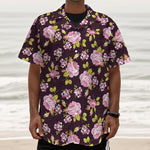 Vintage Pink Rose Floral Pattern Print Textured Short Sleeve Shirt