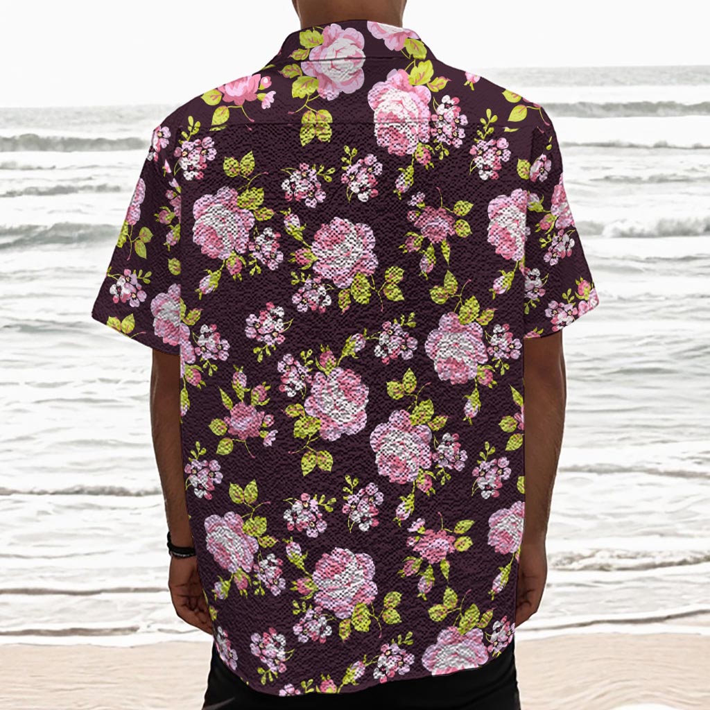 Vintage Pink Rose Floral Pattern Print Textured Short Sleeve Shirt