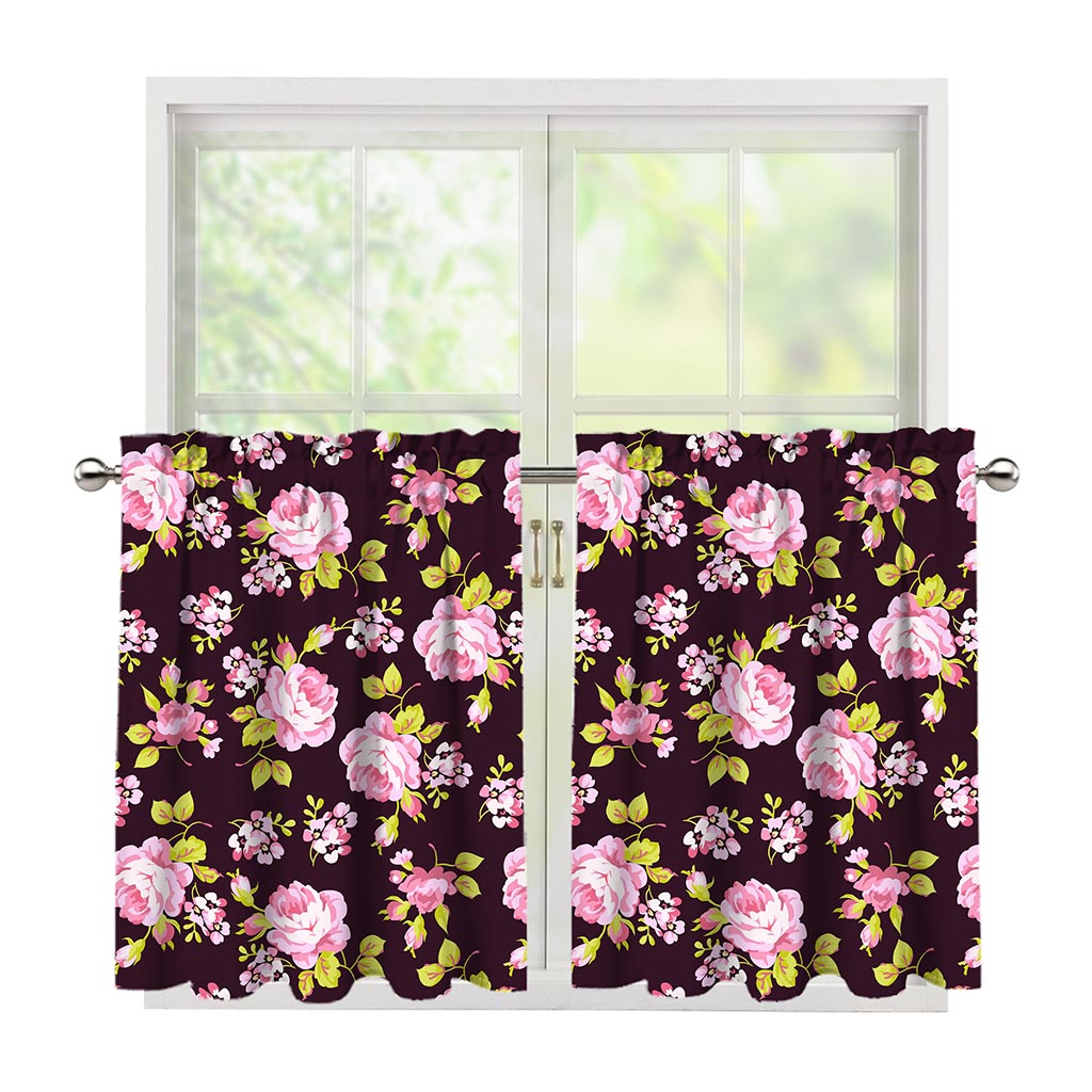 Vintage Pink Rose Floral Pattern Print Tier Curtains