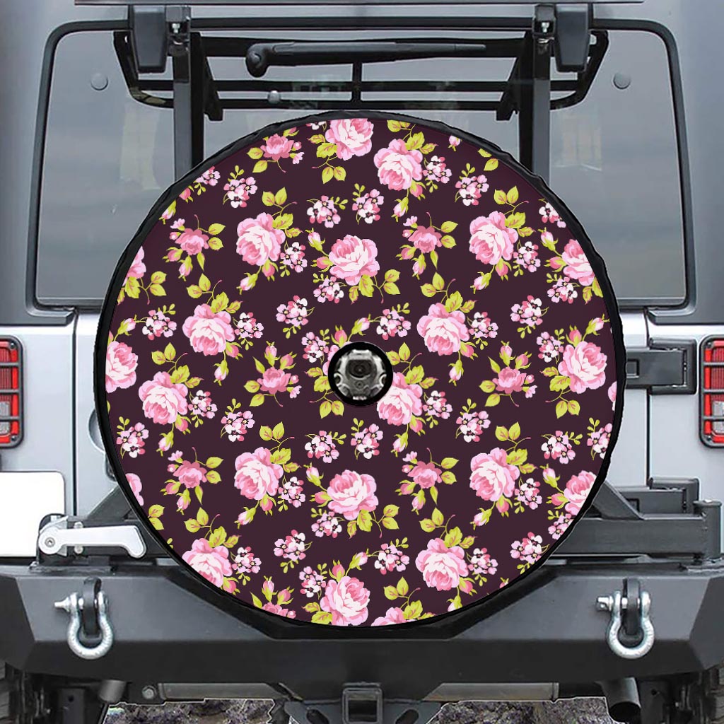 Vintage Pink Rose Floral Pattern Print Tire Cover With Camera Hole