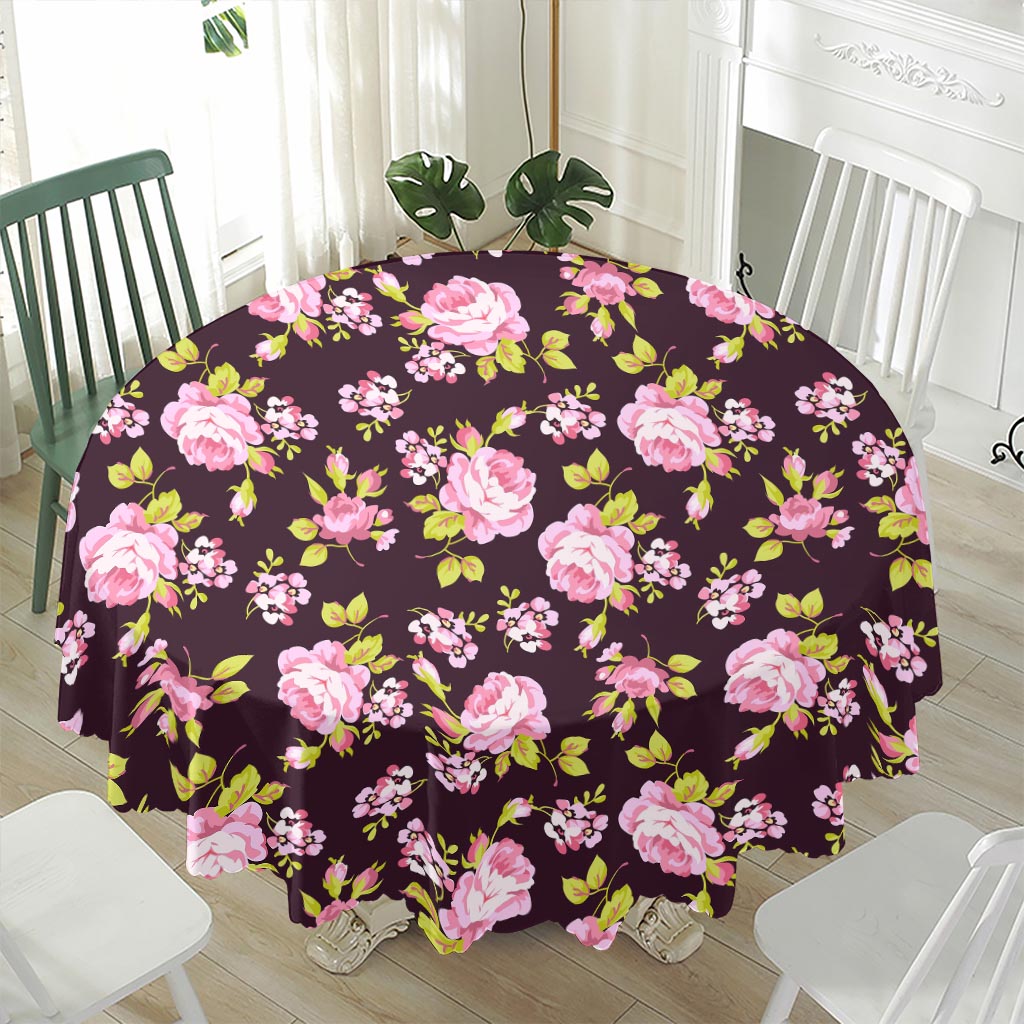 Vintage Pink Rose Floral Pattern Print Waterproof Round Tablecloth