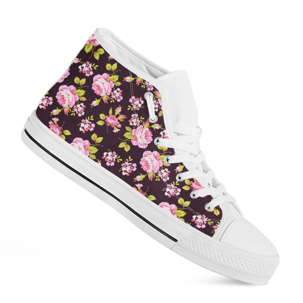Vintage Pink Rose Floral Pattern Print White High Top Sneakers