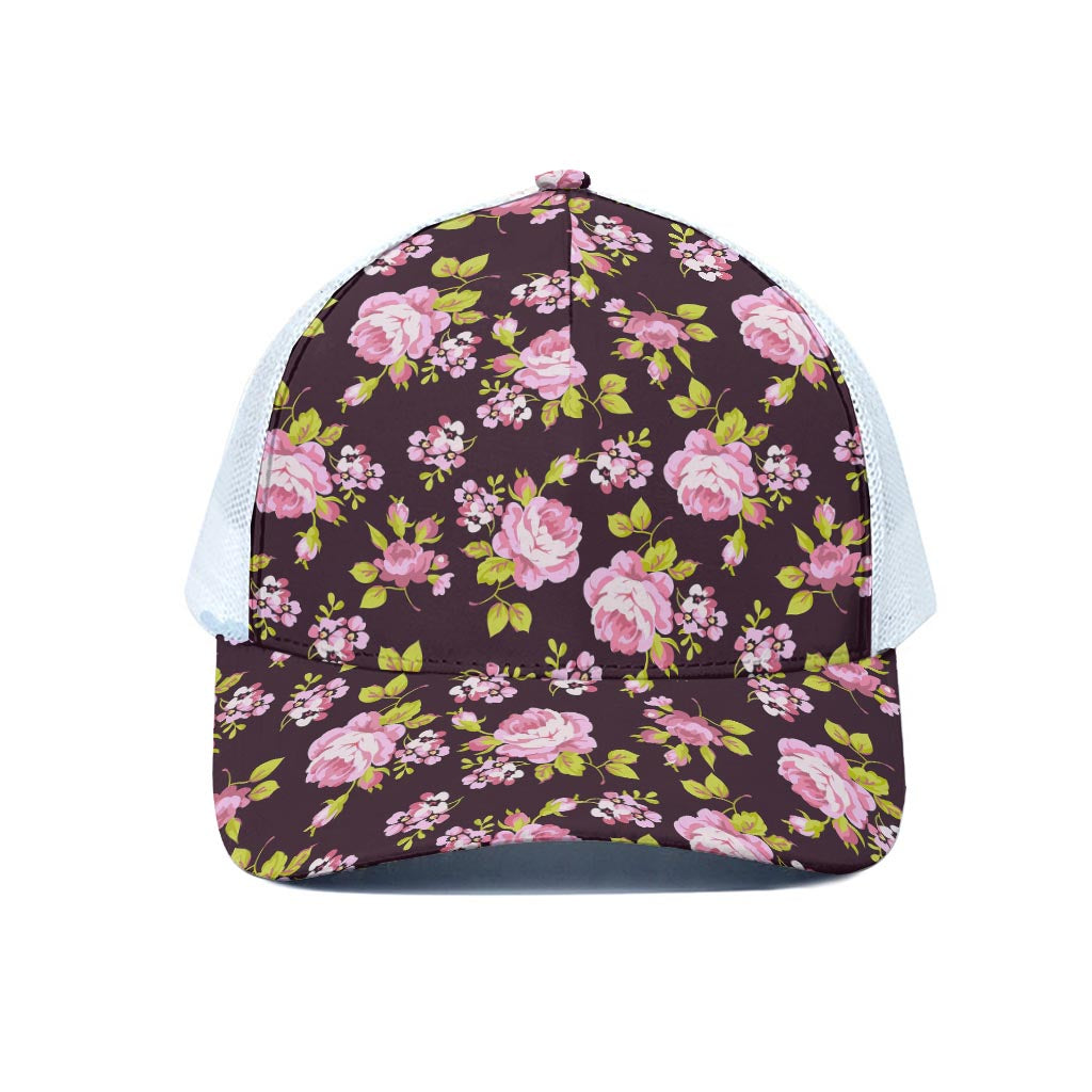 Vintage Pink Rose Floral Pattern Print White Mesh Trucker Cap