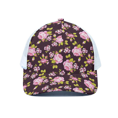 Vintage Pink Rose Floral Pattern Print White Mesh Trucker Cap