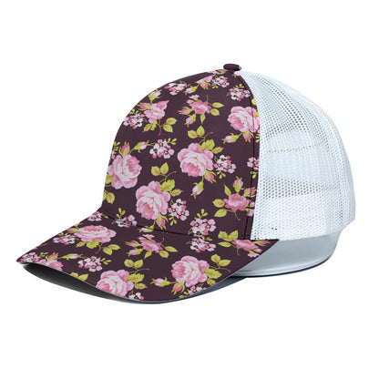 Vintage Pink Rose Floral Pattern Print White Mesh Trucker Cap
