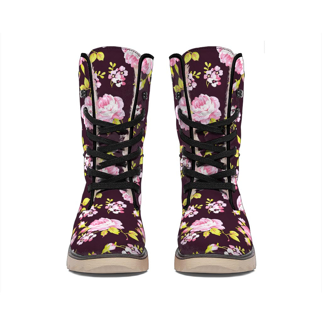 Vintage Pink Rose Floral Pattern Print Winter Boots