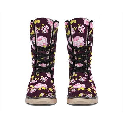 Vintage Pink Rose Floral Pattern Print Winter Boots