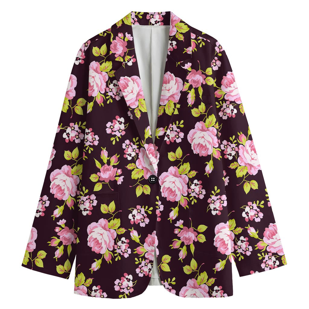 Vintage Pink Rose Floral Pattern Print Women's Cotton Blazer