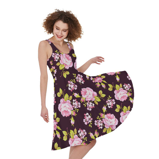 Vintage Pink Rose Floral Pattern Print Women's Sleeveless Dress