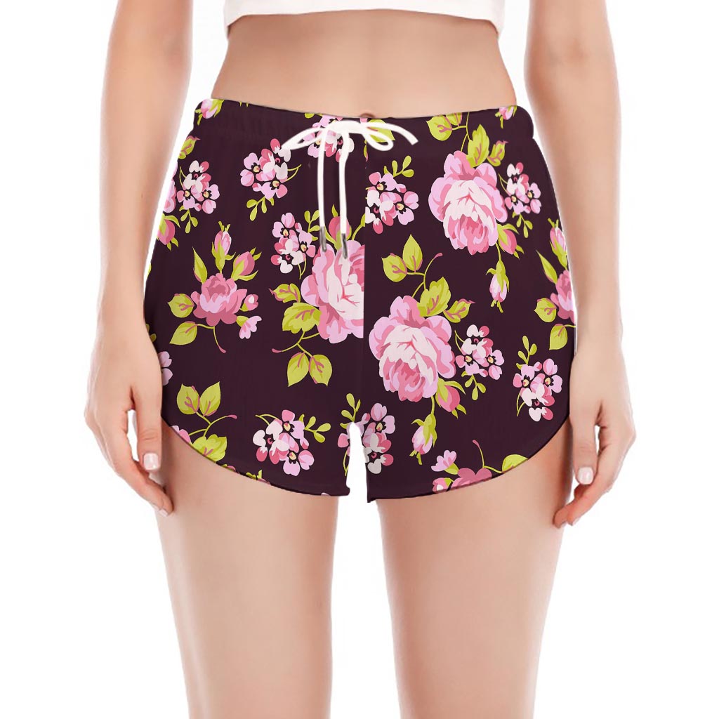 Vintage Pink Rose Floral Pattern Print Women's Split Running Shorts