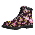 Vintage Pink Rose Floral Pattern Print Padded Collar Lace Up Boots