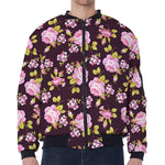 Vintage Pink Rose Floral Pattern Print Zip Sleeve Bomber Jacket