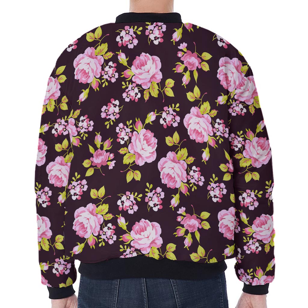Vintage Pink Rose Floral Pattern Print Zip Sleeve Bomber Jacket