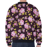 Vintage Pink Rose Floral Pattern Print Zip Sleeve Bomber Jacket